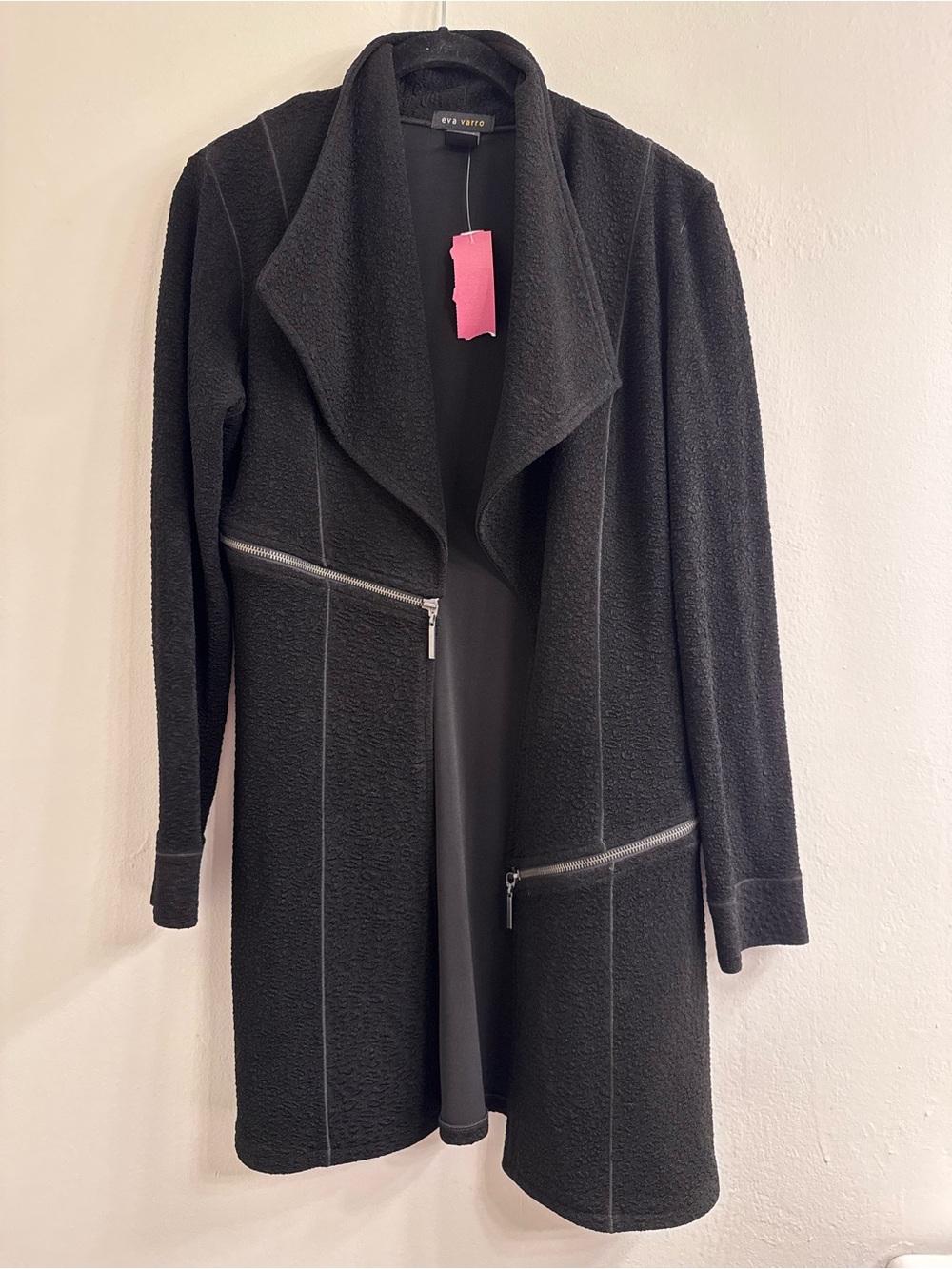eva varro Black Draped Open-Front Trench with Asymmetric Zips